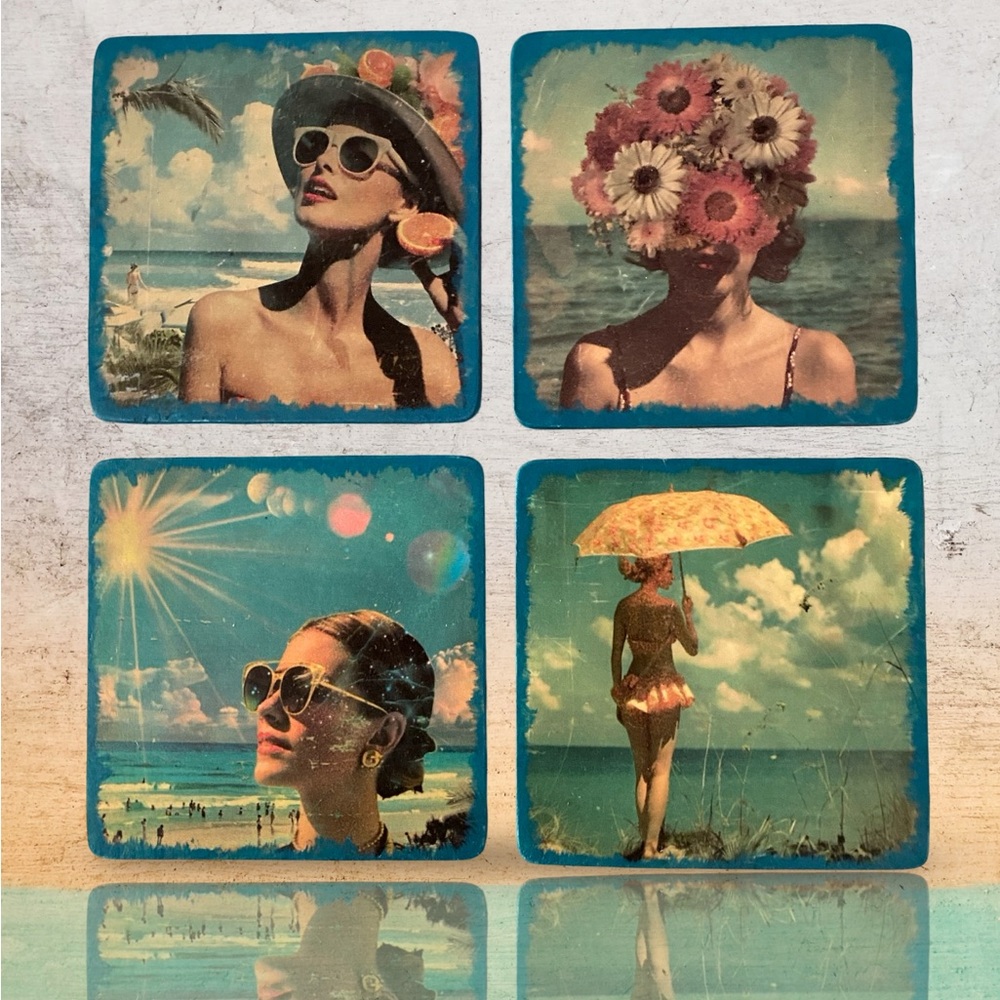 Handmade Distressed Vintage Style Summer Beach Coasters Set
